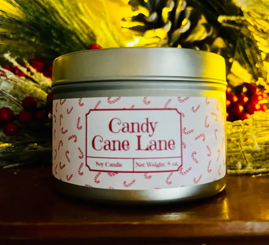 Candy Cane Lane - Large Tin. Net Weight: 8 oz. Candles