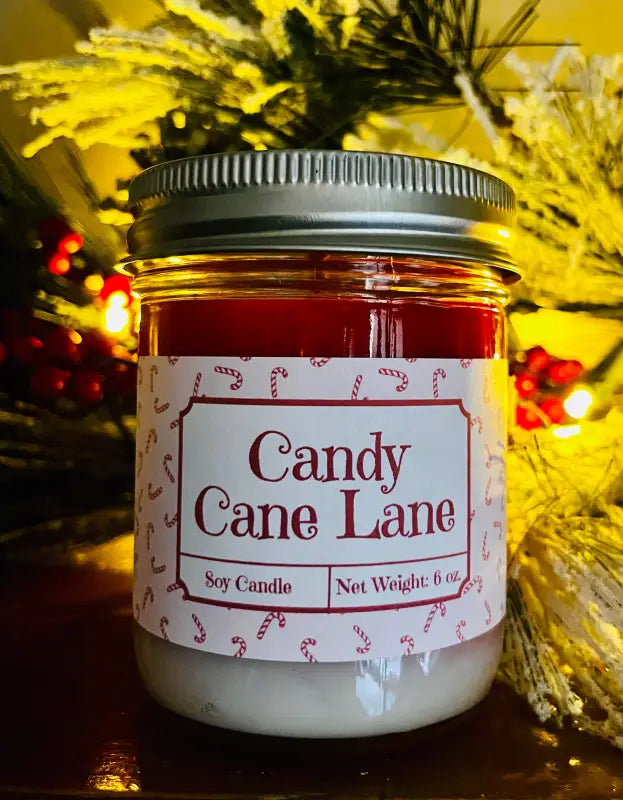 Candy Cane Lane - Small Jar. Net Weight: 6 oz. Candles