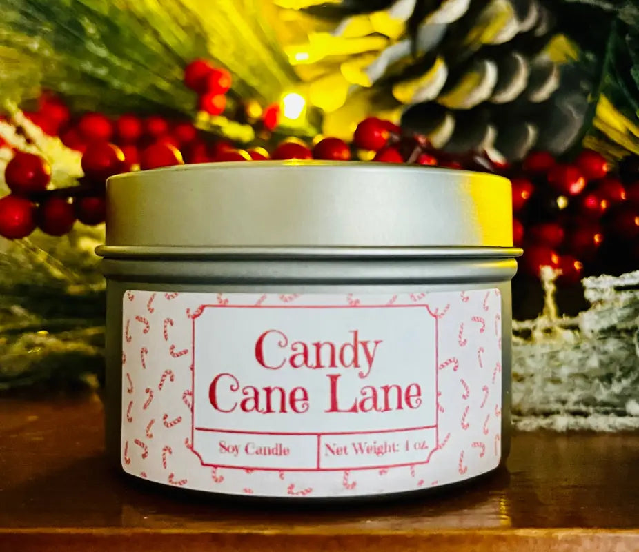 Candy Cane Lane - Small Tin. Net Weight: 4 oz. Candles