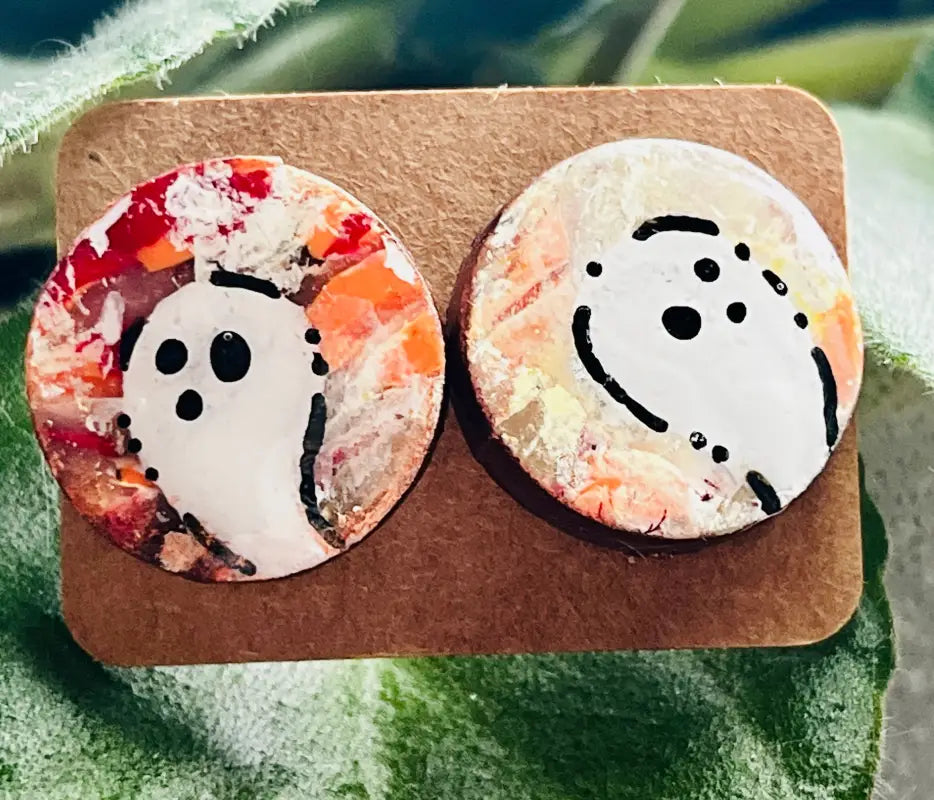 Ghost Studs. Oakleaf Handmade Jewelry. Handpainted. - Ghost - Round Studs Jewelry