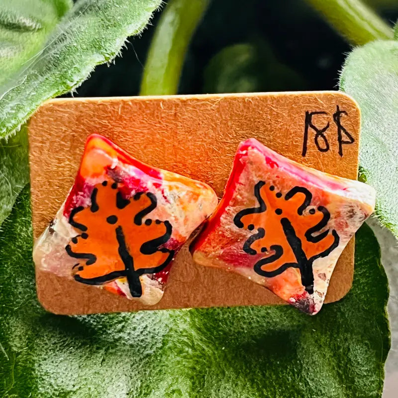 Ghost Studs. Oakleaf Handmade Jewelry. Handpainted. - Orange Oak Leaf - Square Studs Jewelry