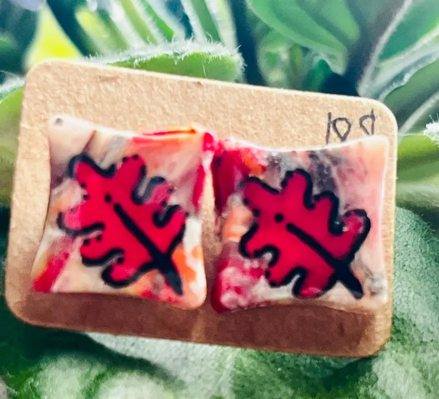 Ghost Studs. Oakleaf Handmade Jewelry. Handpainted. - Red Oak Leaf - Square Studs Jewelry