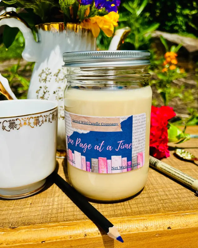 One Page at a Time - Medium Jar with Lid. Net Weight: 11 oz. Candles