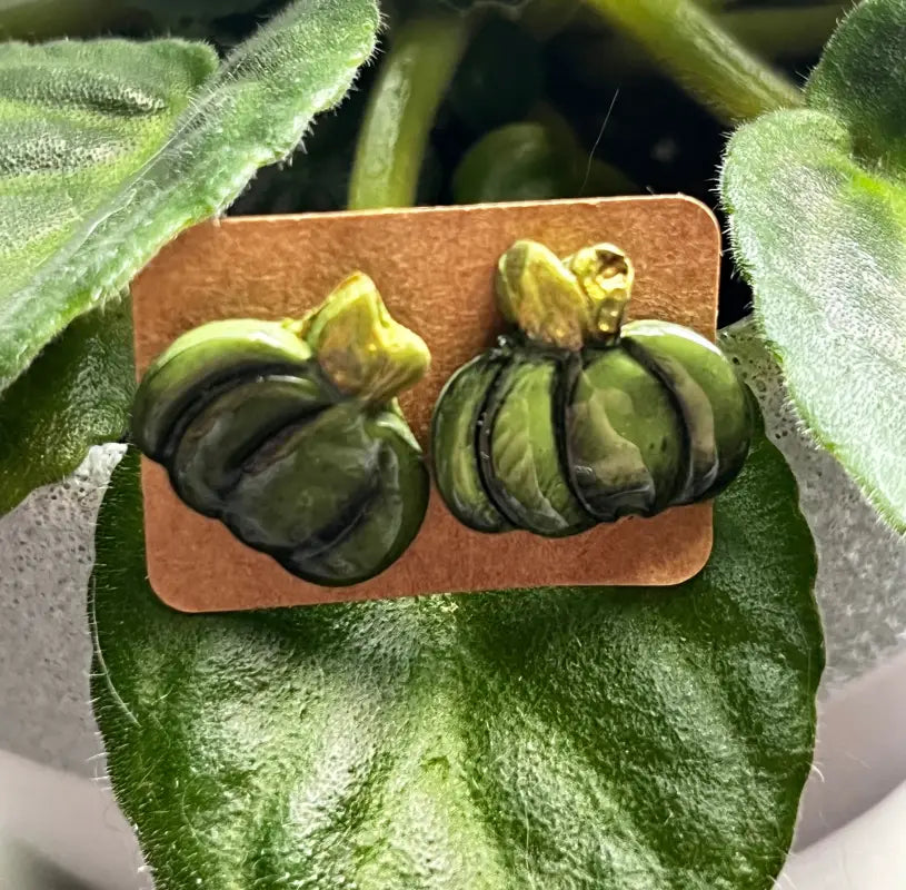 Pumpkin Studs. Handmade polymer clay earrings. - Green Pumpkin - Aged (Resin Coating) Jewelry