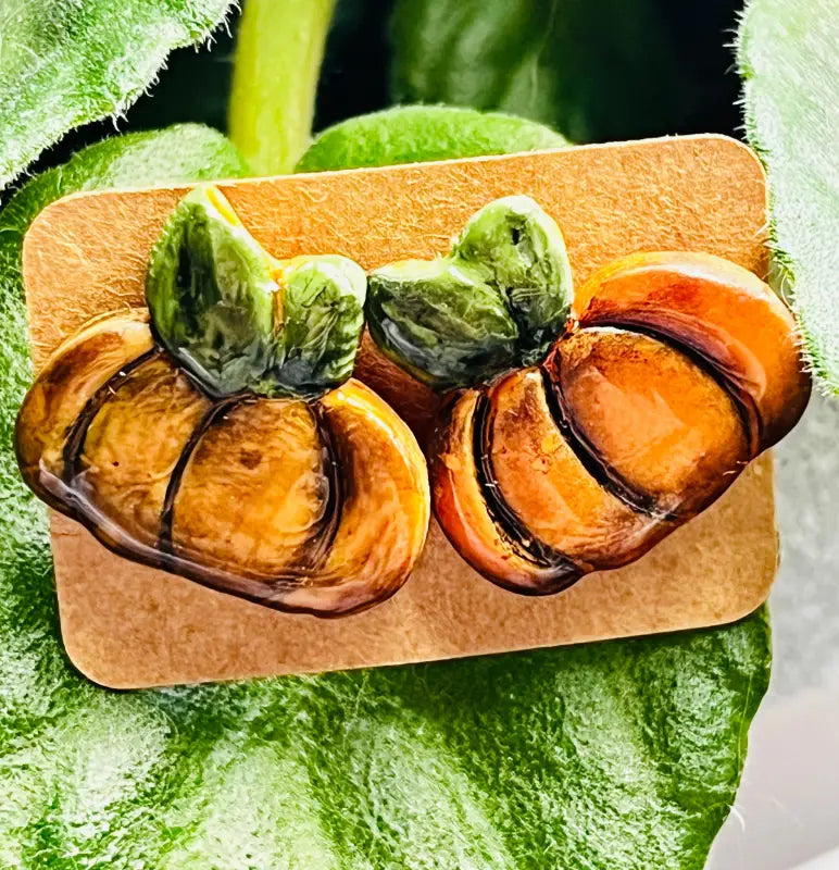 Pumpkin Studs. Handmade polymer clay earrings. - Orange Pumpkin - Aged (Resin Coating) Jewelry