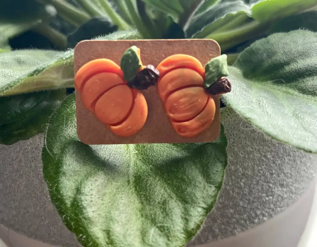 Pumpkin Studs. Handmade polymer clay earrings. - Orange with Brown Stem Jewelry