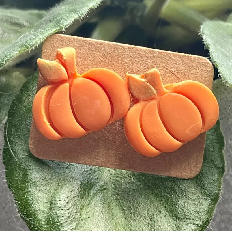 Pumpkin Studs. Handmade polymer clay earrings. - Orange with Gold Stem Jewelry