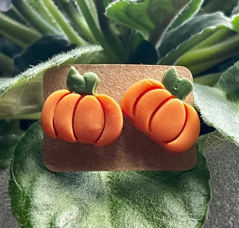 Pumpkin Studs. Handmade polymer clay earrings. - Orange with Green Stem Jewelry