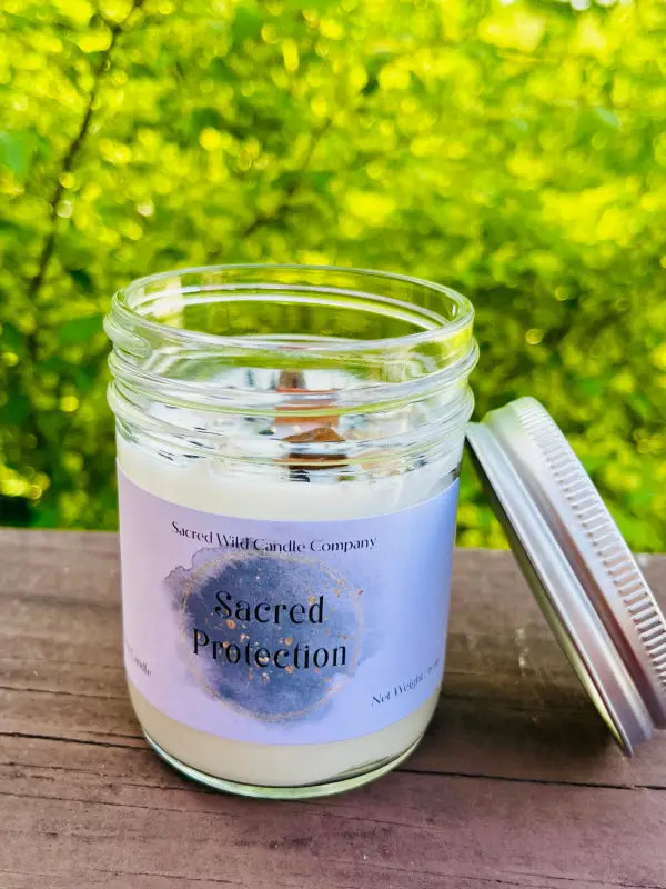 Sacred Protection - Single Wooden Wick Small Glass Jar with Lid. Net Weight: 6 oz. - Candles