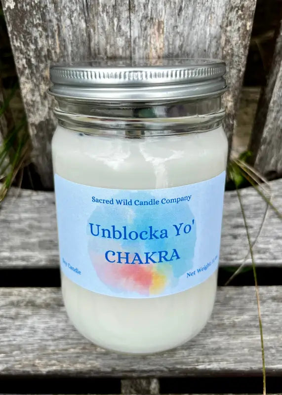 Unblocka Yo’ Chakra - Medium Jar with Lid. Net Weight: 11 oz. Candles